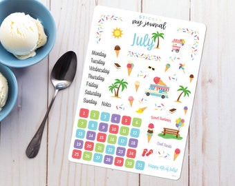 July Planner Stickers – Summer Ice Cream Theme Bujo Stickers for your monthly journal, calendar, or planner setup