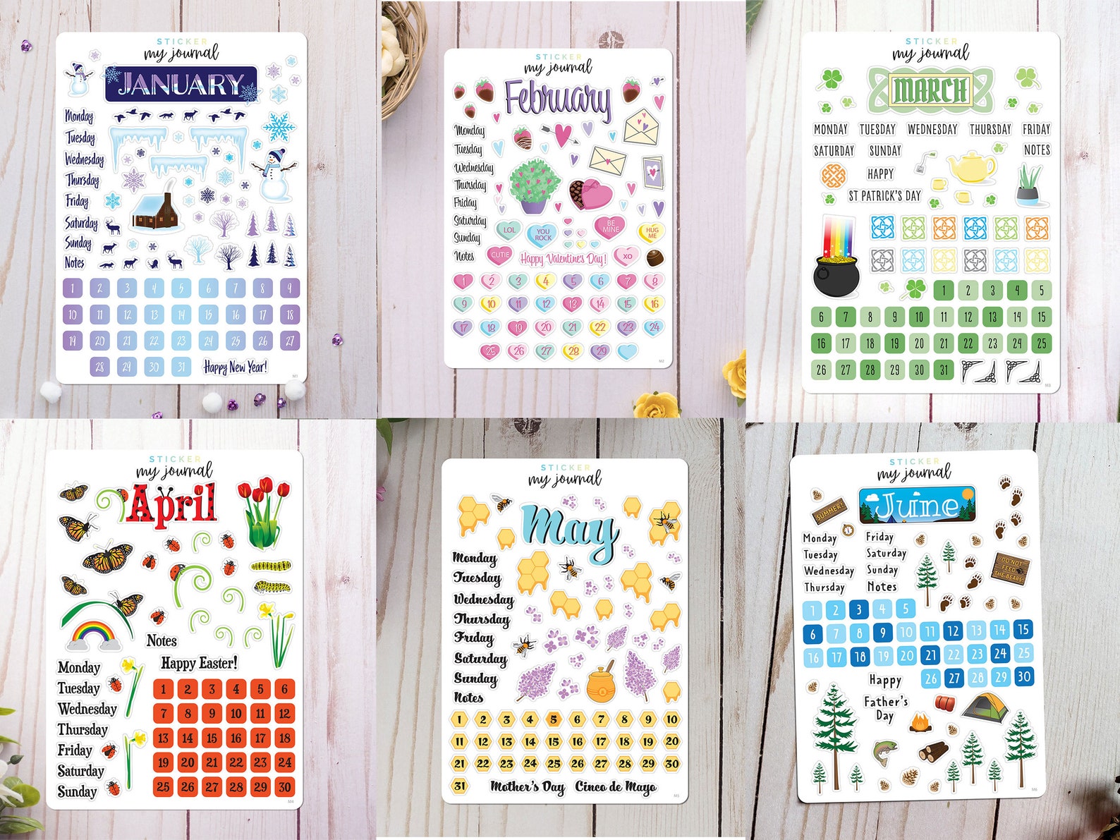 january through june monthly sticker sheets