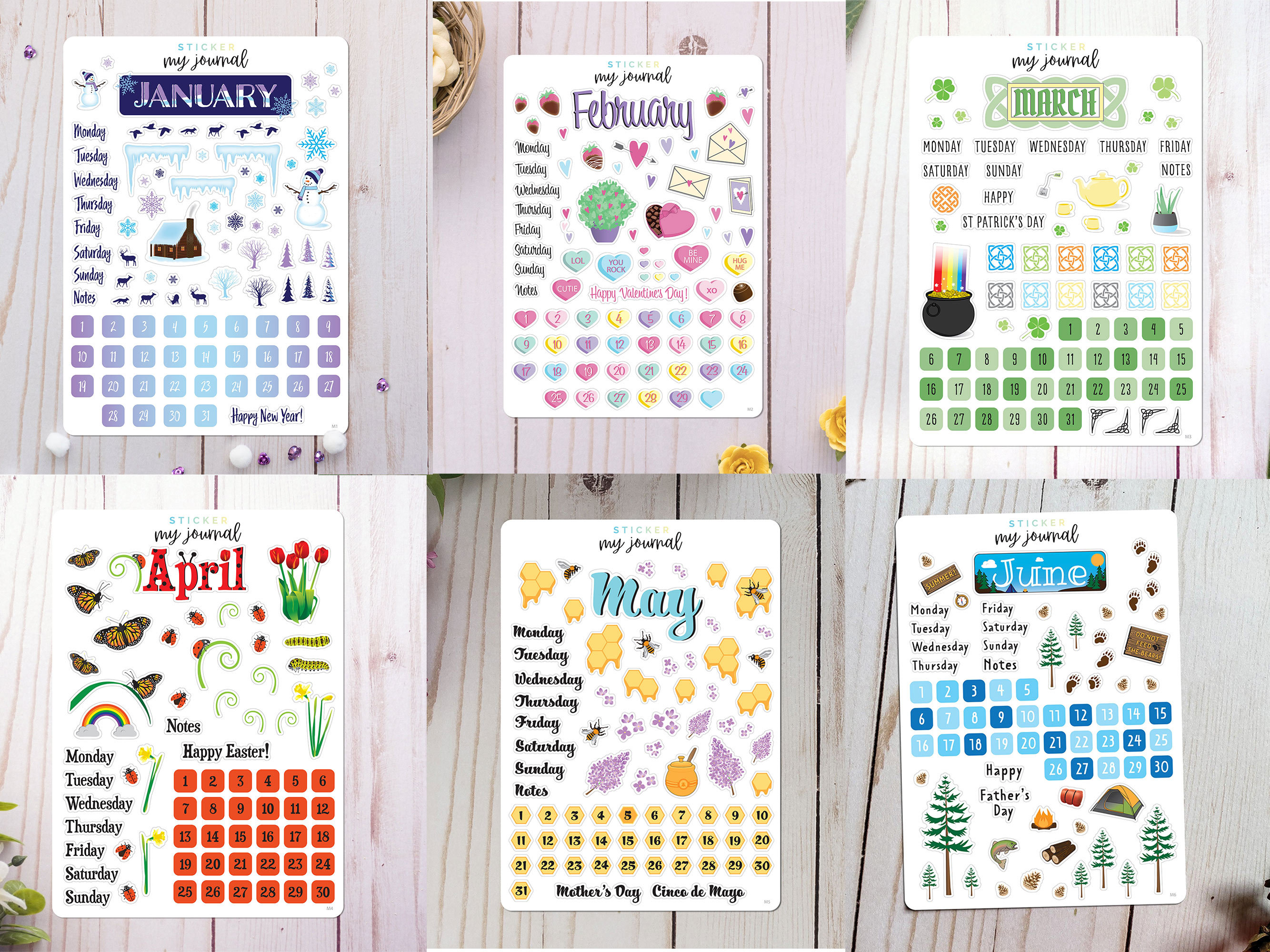 Monthly Calendar Sticker Sheets -A Full Year of Themed Bullet Journal