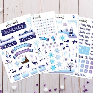 May include: A set of four sticker sheets with a winter theme. The stickers feature snowflakes, a snowman, a cabin, a deer, and other wintery designs. The stickers are perfect for adding a touch of winter cheer to your planner, journal, or scrapbook.