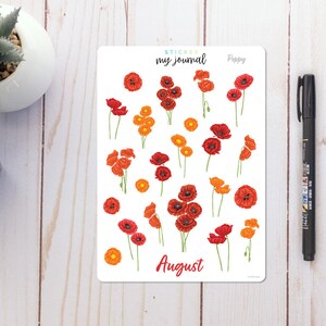 May include: A sheet of stickers featuring poppy flowers in shades of red, orange, and yellow. The stickers are designed for use in a journal and are labeled "Poppy" and "August".