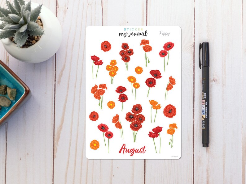 May include: A sheet of stickers featuring poppy flowers in shades of red, orange, and yellow. The stickers are designed for use in a journal and are labeled "Poppy" and "August".