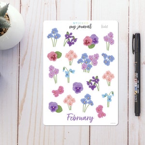 May include: A sheet of stickers featuring violet flowers in various shades of purple, pink, and blue. The stickers are labeled "Violet" and "February" and are designed for use in a journal.