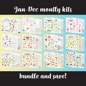 May include: A collection of monthly planner kits for January through December, featuring colorful stickers and organizational tools. Each kit is designed with unique themes and includes the text "Jan-Dec monthly kits" and "bundle and save!"