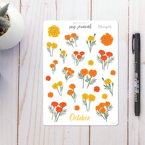 October Flowers of the Month Sticker Sheet | Marigold | stickers for bullet journals, planners, scrap books, and crafts