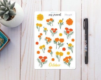 October Flowers of the Month Sticker Sheet | Marigold | stickers for bullet journals, planners, scrap books, and crafts