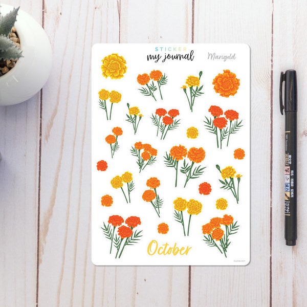 October Flowers of the Month Sticker Sheet | Marigold | stickers for bullet journals, planners, scrap books, and crafts