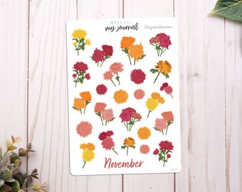 November Flowers of the Month Sticker Sheet | Chrysanthemum | stickers for bullet journals, planners, scrap books, and crafts