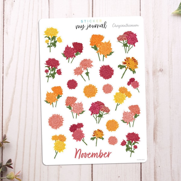 November Flowers of the Month Sticker Sheet | Chrysanthemum | stickers for bullet journals, planners, scrap books, and crafts