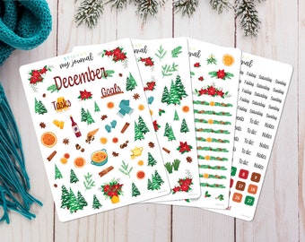 December Monthly Bullet Journal Sticker Kit - Warm Holiday Spice themed sticker sheets for your dotted journal, calendar, and planner setup.