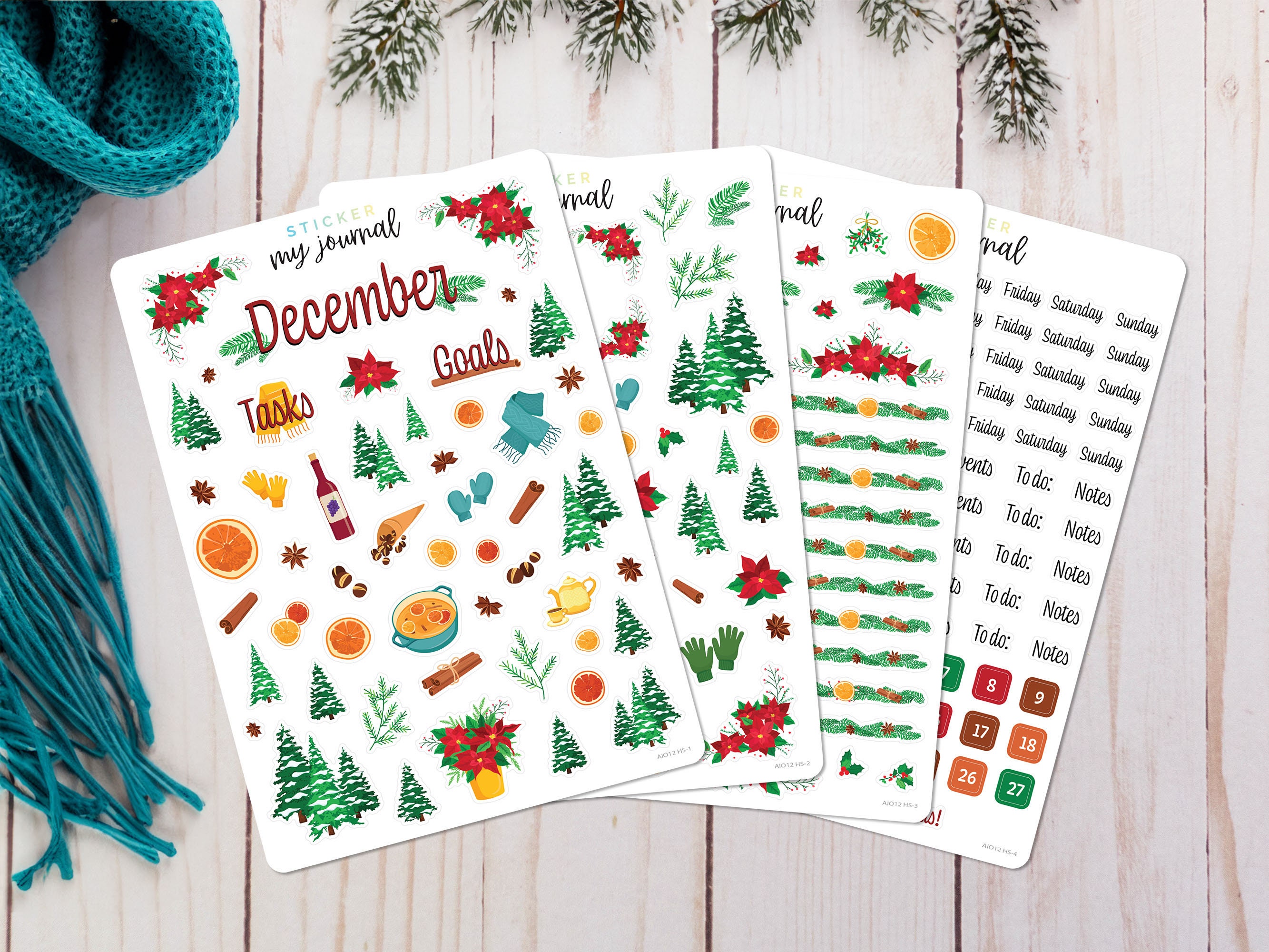 December Monthly Bullet Journal Sticker Kit - Warm Holiday Spice themed sticker sheets for your dotted journal, calendar, and planner setup.