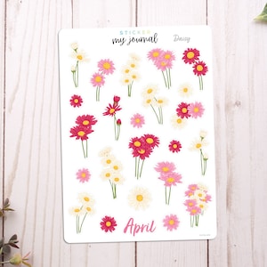 April Flowers of the Month Sticker Sheet | Daisies | stickers for bullet journals, planners, scrap books, and crafts