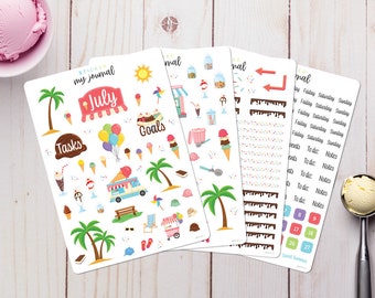 July Monthly Bullet Journal Sticker Kit - Ice Cream Treats themed sticker sheets for your dotted journal, calendar, and planner setup.