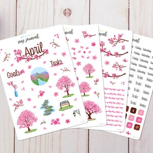 April Monthly Bullet Journal Sticker Kit - Cherry Blossom Themed Stickers for your dotted journal and planner setup