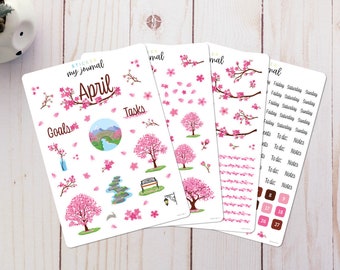 April Monthly Bullet Journal Sticker Kit - Cherry Blossom Themed Stickers for your dotted journal and planner setup
