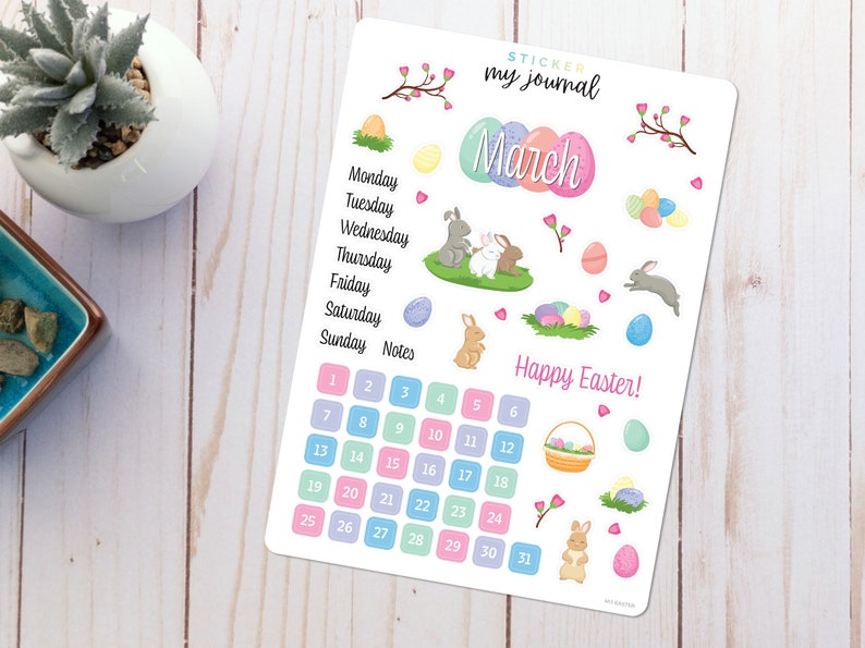 Easter Bullet Journal Sticker Sheet for March or April Basics Easter Bunny Egg Hunt Themed Stickers for your monthly bujo or planner March Easter Sheet