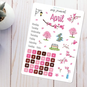 April Bullet Journal Sticker Sheet - Basics - Cherry Blossom Themed Stickers for your monthly bujo or planner setup