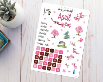 April Bullet Journal Sticker Sheet - Basics - Cherry Blossom Themed Stickers for your monthly bujo or planner setup