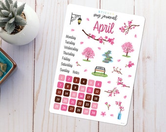 April Bullet Journal Sticker Sheet - Basics - Cherry Blossom Themed Stickers for your monthly bujo or planner setup