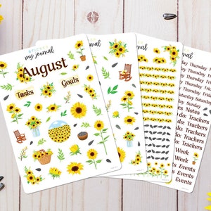 August Monthly Bullet Journal Sticker Kit - Sunflower themed sticker sheets for your dotted journal, calendar, and planner setup.