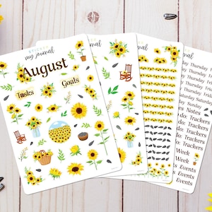 August Monthly Bullet Journal Sticker Kit - Sunflower themed sticker sheets for your dotted journal, calendar, and planner setup.