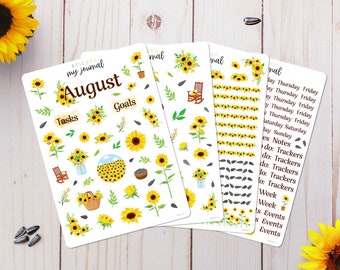 August Monthly Bullet Journal Sticker Kit - Sunflower themed sticker sheets for your dotted journal, calendar, and planner setup.