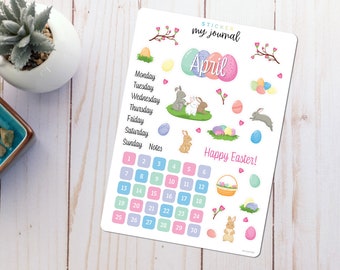 Easter Bullet Journal Sticker Sheet for March or April - Basics - Easter Bunny Egg Hunt Themed Stickers for your monthly bujo or planner