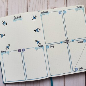 May include: A weekly planner with a winter theme. The planner has a blue and white color scheme with icicles and snowflakes. The days of the week are labeled: Monday, Tuesday, Wednesday, Thursday, Friday, Saturday, and Sunday. The dates are 10, 11, 12, 13, 14, 15, and 16.
