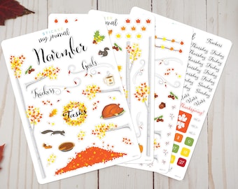 November Monthly Bullet Journal Sticker Kit - Autumn Thanksgiving Themed Stickers for your dotted journal planner setup