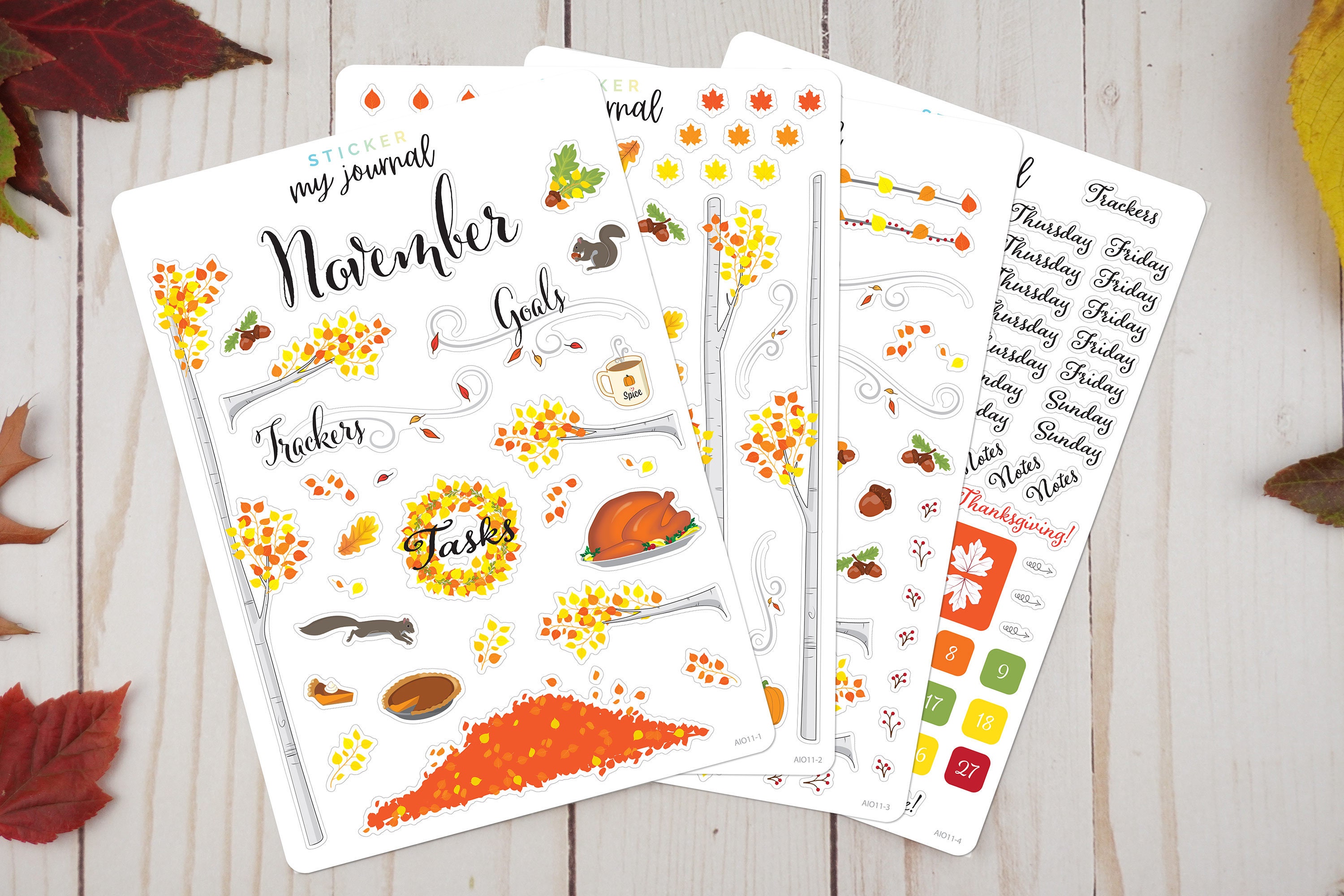 November Monthly Bullet Journal Sticker Kit Autumn Thanksgiving Themed  Stickers for Your Dotted Journal Planner Setup 