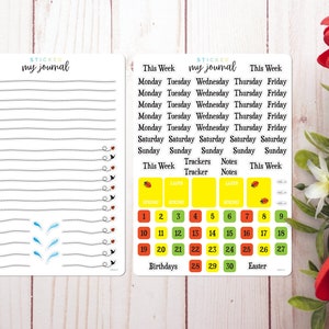 May include: A set of colorful planner stickers with a ladybug, a calendar, and days of the week. The stickers are on a white background with a woodgrain pattern.