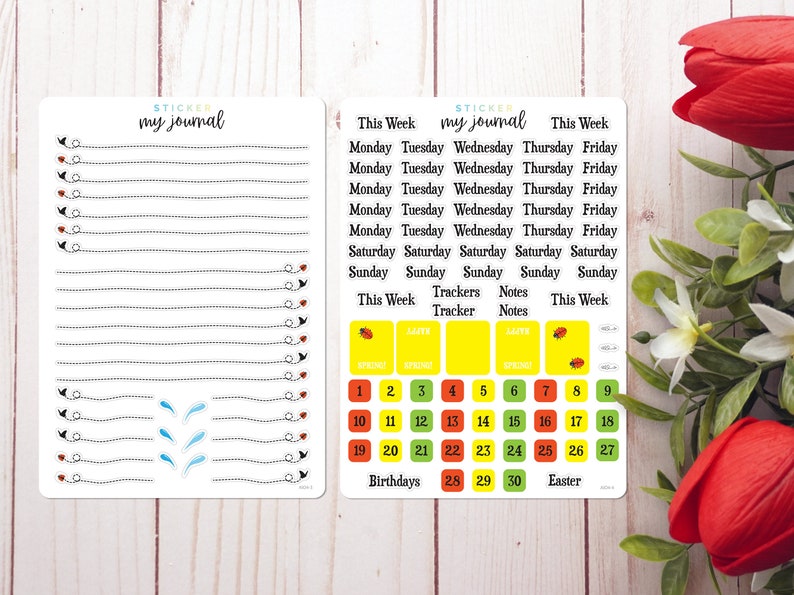 May include: A set of colorful planner stickers with a ladybug, a calendar, and days of the week. The stickers are on a white background with a woodgrain pattern.