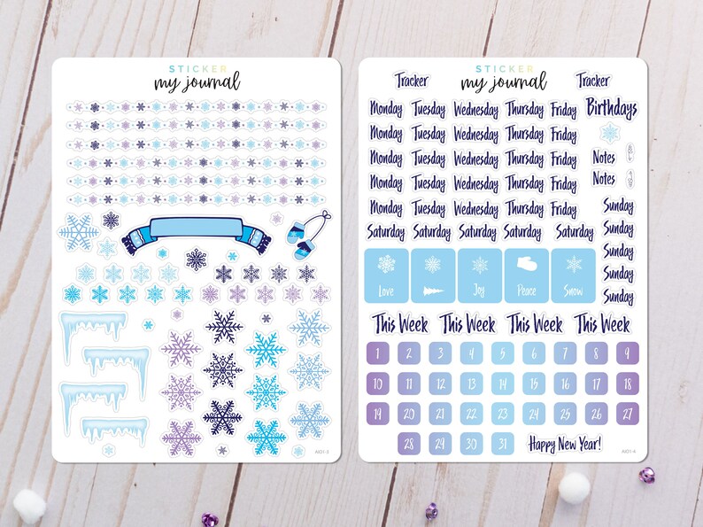 May include: Two sheets of stickers with a winter theme. The left sheet features snowflakes, icicles, a scarf, and mittens. The right sheet has a calendar, tracker, and the words "Love", "Joy", "Peace", "Snow", "Happy New Year!" and "This Week".