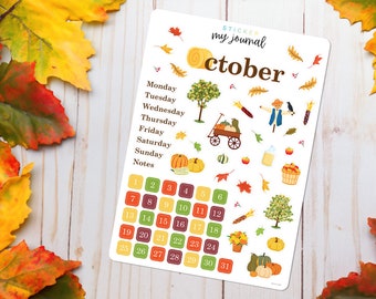 October Bullet Journal Sticker Sheet - Basics - Autumn Harvest Themed Stickers for your monthly bujo, calendar, or planner setup
