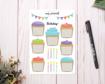 Birthday Trackers - Cupcake Stickers for your Bullet Journal, Planner, Calendar and Cards or Scrapbooks