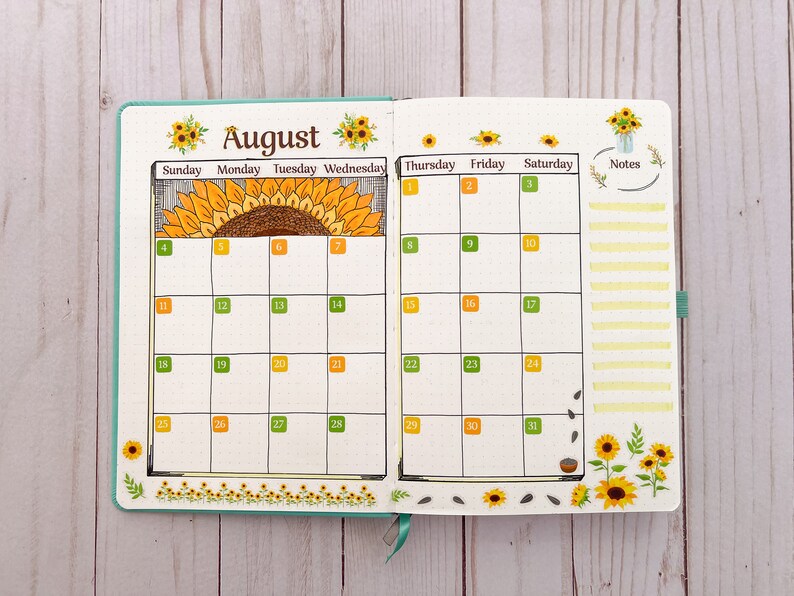 August Notepad August Bullet Journal Sticker Sheet - Basics - Sunflower Themed ...