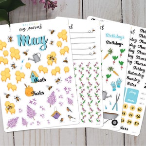 May include: A set of colorful planner stickers featuring bees, honeycombs, flowers, gardening tools, and a calendar. The stickers are designed for a May themed planner.