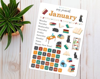 January Bullet Journal Sticker Sheet - Basics - Booklover Themed Stickers for your monthly bujo, calendar, or planner setup