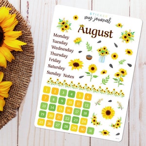 August Bullet Journal Sticker Sheet - Basics - Sunflower Themed Stickers for your monthly bujo, calendar, or planner setup