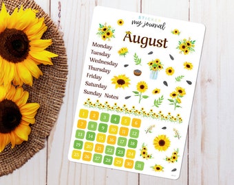 August Bullet Journal Sticker Sheet - Basics - Sunflower Themed Stickers for your monthly bujo, calendar, or planner setup