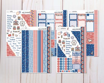 July Journal Sticker Kit – American Fair EC Planner Stickers for 7x9 Vertical Planners. Calendars, Boxes, Washi, Icons & Illustrations