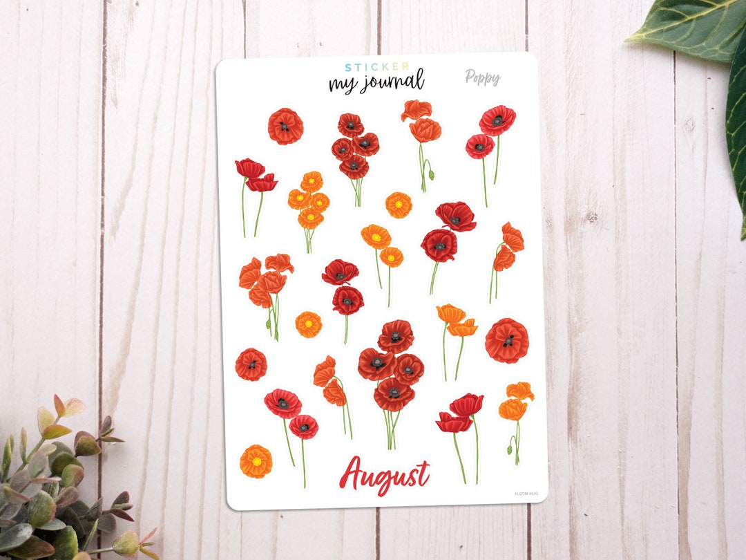 August Flowers of the Month Sticker Sheet | Poppies | Stickers for ...