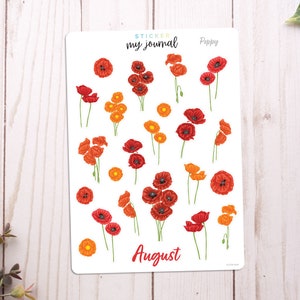 May include: A sheet of stickers featuring poppy flowers in various shades of red and orange. The stickers are labeled "Sticker my Journal" and "Poppy" and include the month "August".