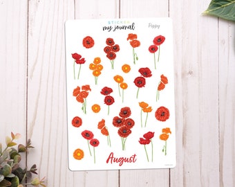 August Flowers of the Month Sticker Sheet | Poppies | stickers for bullet journals, planners, scrap books, and crafts