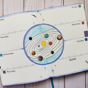 Może przedstawiać: Tygodniowy planer z ręcznie narysowaną ilustracją Układu Słonecznego. Planety są przedstawione za pomocą kolorowych naklejek. Dni tygodnia są oznaczone numerami i nazwami dni. Planer ma sekcję na notatki.