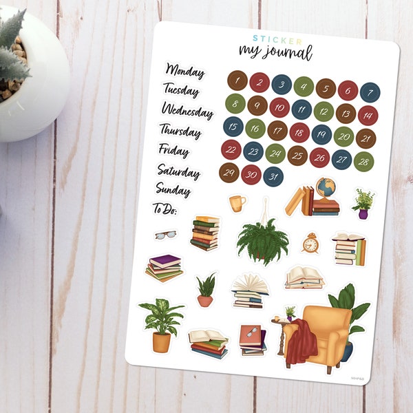 Booklover Any Month Undated Bullet Journal Sticker Sheet - Basics Calendar Stickers - stickers for your monthly bujo or planner setup