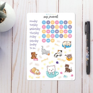 Kittens Any Month Undated Bullet Journal Sticker Sheet - Basics Calendar Stickers - stickers for your monthly bujo or planner setup