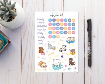 Kittens Any Month Undated Bullet Journal Sticker Sheet - Basics Calendar Stickers - stickers for your monthly bujo or planner setup