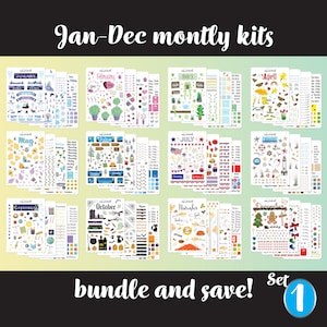 12 Pack of Full Monthly Kits - A year of themed bullet journal stickers for your monthly bujo or planner setup - 48 sheets of stickers!