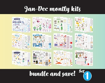 12 Pack of Full Monthly Kits - A year of themed bullet journal stickers for your monthly bujo or planner setup - 48 sheets of stickers!